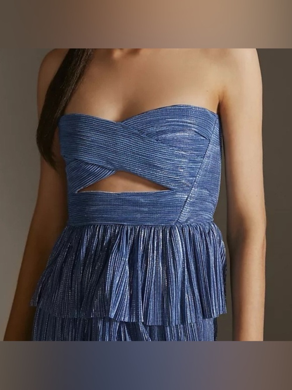 Sabina Musayev iris blue shimmer metallic pleated strapless corset top